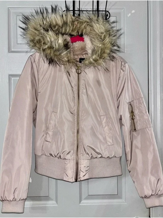 New Look Faux Fur Hood Bomber Jacket L Fits M Blush GorpCore Coat Y2K Beige - Picture 10 of 13